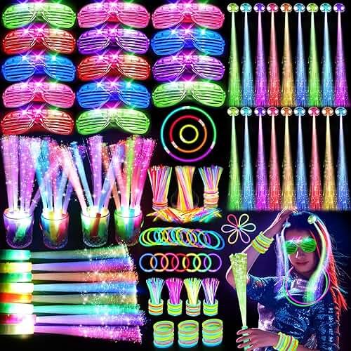 OLUPP 148 PCS Glow in the Dark Party Supplies, 16 Fiber Optic Wands, 14 LED Glasses, 100 Glow Sticks and 18 LED Hair Clips Fiber Optic for Neon Party, Wedding, Birthday, Concert, New Year - Product Image
