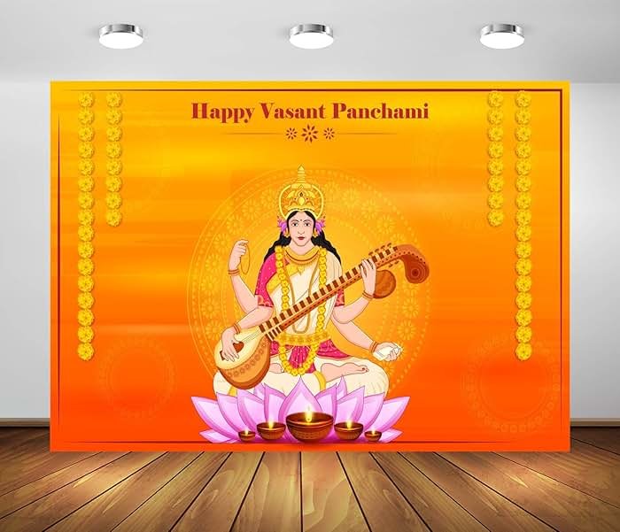 BELECO 7x5ft Fabric India Happy Vasant Panchami Backdrop Photography Saraswati Puja Indian Festival Background for Hindu Indian Celebrating Party Decorations Photo Studio Props - Product Image