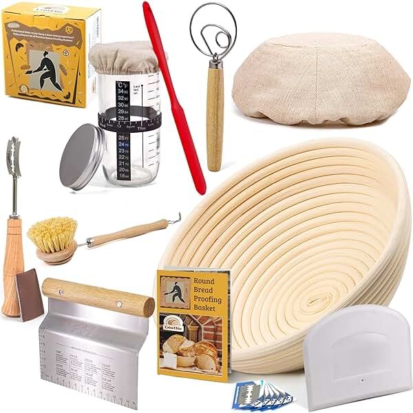 Sourdough Starter Kit for Beginners – 9” Banneton Bread Proofing Basket with 24oz Glass Sourdough Starter Jar & Sourdough Bread Baking Supplies, Easy No-Fail Kit, Gift for Home Bakers - Product Image