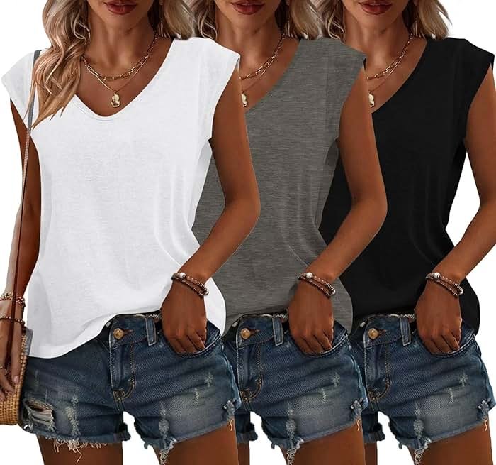 Bliwov 3 Pack Womens Cap Sleeve Tops V Neck T Shirts Summer Spring Outfits Beach Vacation Fashion Tee Blouse Workout Clothes - Product Image