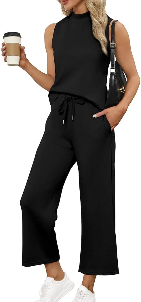 SAMPEEL Two Piece Sets for Women Summer Outfits Lounge Sets Mock Neck Tops Wide Leg Crop Pants Vacation Travel Outfits - Product Image