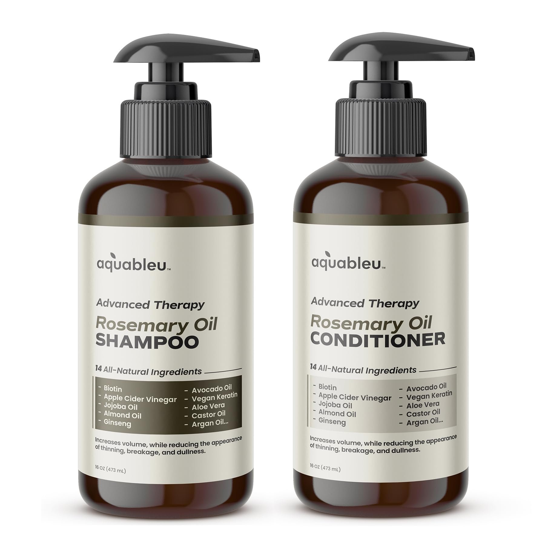 Aquableu Advanced Therapy Anti-Thinning Rosemary Oil Shampoo & Conditioner Set - Infused with 14 All-Natural Ingredients for Volume, Strength, Thickness, and Dullness Reduction (16oz) - Product Image