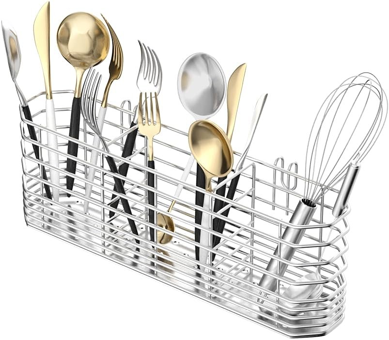 JAQ Utensil Holder for Sink, Sus304 Stainless Steel Rust Free Silverware Cutlery Flatware Holder Rack Organizer with Hooks for Dish Drying Rack Sink Dish Drainer in Kitchen Bathroom - Product Image