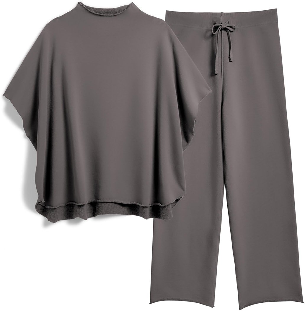 SeeLuNa Women's Two Piece Outfits 3/4 Batwing Sleeve Capelet Crew Neck Pullover Top Wide Leg Pants Lounge Set - Product Image