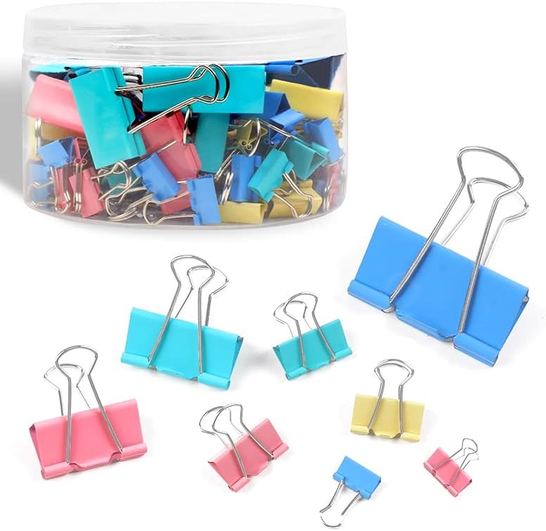 Joyberg 125Pcs Binder Clips Colored, Binder Clips Assorted Sizes, 6 Sizes Binder Paper Clips for Office Supplies/Home/School (Blue, Pink, Yellow, Green) - Product Image