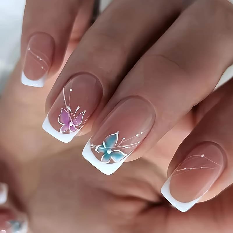 CurvLife Short Press on Nails, 30pcs Acrylic Fake Nails with Design Butterfly Style Full Cover False Nails for Women Reusable Kit with Nail Glue Adhesive Tabs Nail File - Product Image