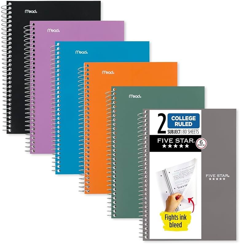 Five Star Spiral Notebooks, 6 Pack, 2 Subject, College Ruled, 9 1/2" x 6", 80 Sheets, Amethyst Purple, Sedona Orange, Seaglass Green, Tidewater Blue, Gray and Black (840029A-ECM) - Product Image