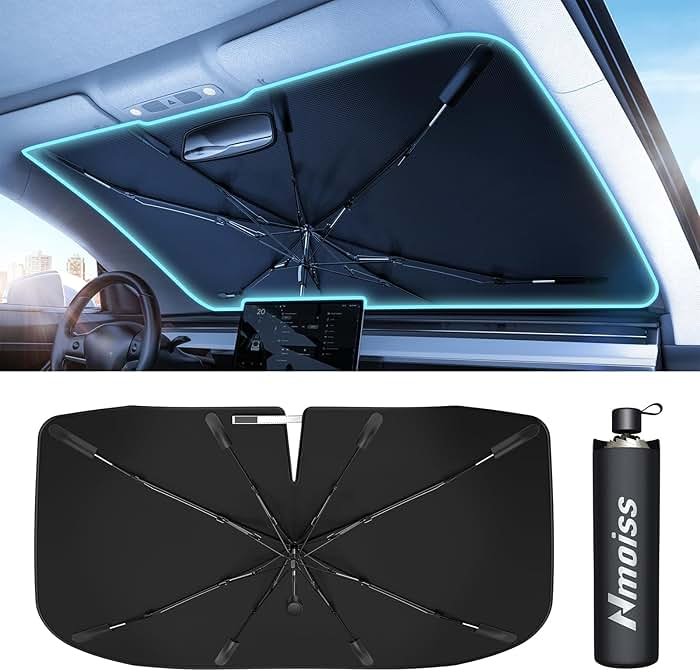 [Upgraded] Nmoiss Windshield Sun Shade Umbrella - [Vinyl Coating Heat Shield] Protect Car from Sun Rays & Heat Damage Keep Cool and Protect Interior, Spring Structure Edge Medium 56" L x 31" W - Product Image