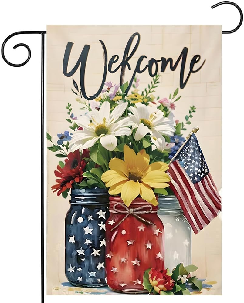 CJYGEGE 4th of July Mason Jar Flowers Summer Garden Flag 12x18, Patriotic Celebration Double-Sided Decorative Burlap Yard Flag for Memorial Day Independence Day Outside Decoration Holiday Festivities - Product Image
