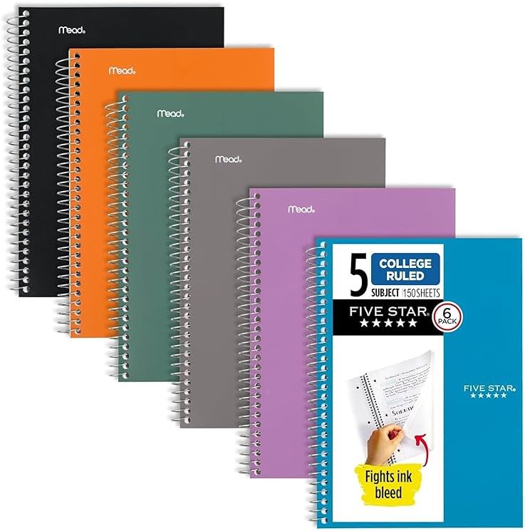Five Star Spiral Notebook, 5 Subject, College Ruled Paper, 6" x 9-1/2", 150 Sheets, Selected Colors Will Vary, 6 Pack (840030A) - Product Image