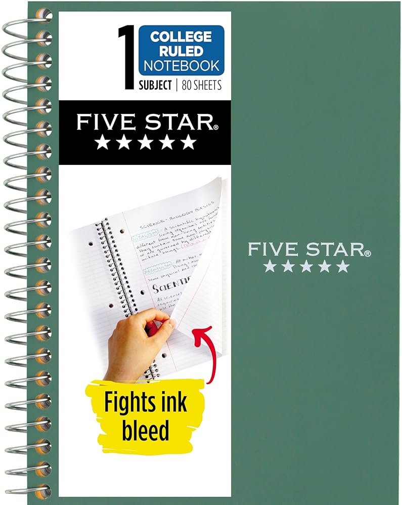 Five Star Spiral Notebook, 1 Subject, College Ruled Paper, 4-3/8" x 7", Personal Size, 80 Sheets, Fights Ink Bleed, Water Resistant Cover, Seaglass Green (450048CH1-ECM) - Product Image