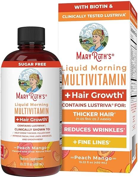 MARYRUTH'S Liquid Multivitamin + Hair Growth | Clinically Tested in Women for Thicker Hair & Facial Wrinkles | Biotin 10000mcg | Lustriva Hair Growth Supplements | Skin Care | Ages 18+ | 15.22 Fl Oz - Product Image