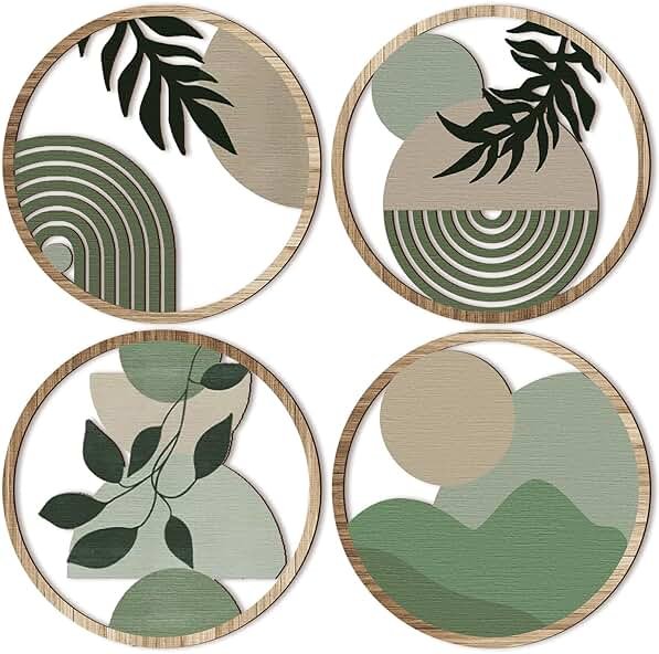 Qunclay 4 Pcs Boho Wall Art Bohemian Wooden Round Circle Wall Decor Hollow out Hanging Farmhouse Aesthetic for Bedroom Living Room Bathroom Bedroom Bathroom Patio Apartment Gift 10 Inch (Green) - Product Image