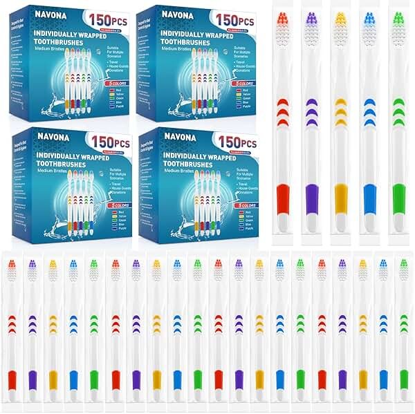 Navona 600 PCS Premium Toothbrushes Bulk, Individually Wrapped Toothbrushes, Disposable Toothbrush, Medium Soft Bristle Bulk Toothbrushe for Travel Hotel Donation, Ergonomics Handle - Product Image