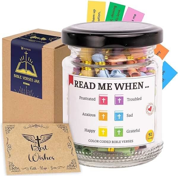 Bible Verses Jar, 92 Hand-Rolled Bible Scroll, Read Me When Christian Jar, Color Coded KJV Bible Verses, Religious Gifts for Women, Prayer Gifts for Friends, Mom, Sister, Cancer Warriors - Product Image