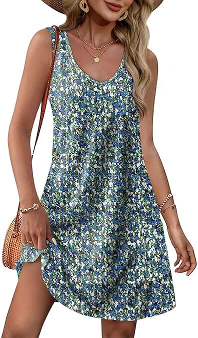 OFEEFAN Womens Summer Dresses 2026 Loose V Neck Sleeveless Sundresses Swimsuit Coverup with Pockets Floral/Plain/Eyelet - Product Image