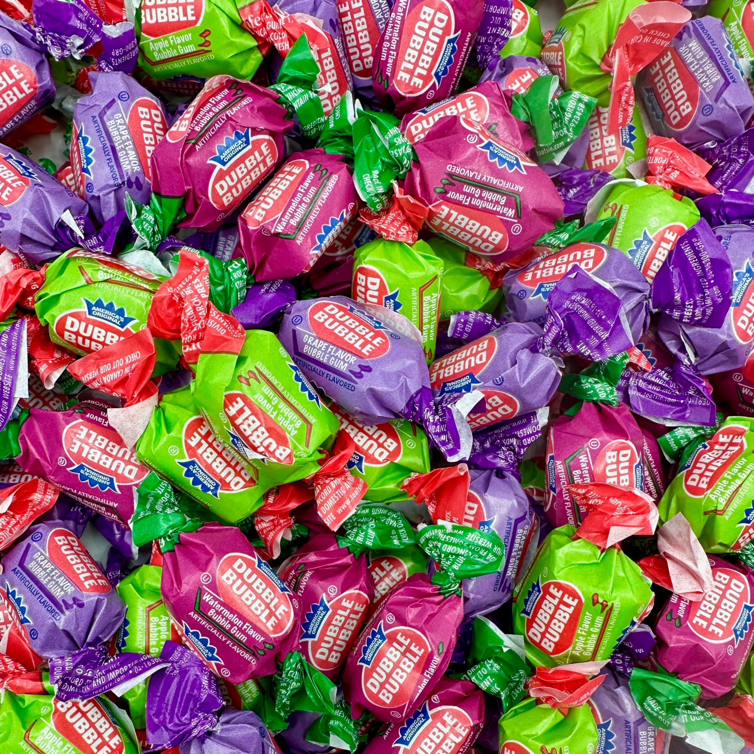 Dubble Assorted Fruit Flavor Bubble Gum - 1 Pound Bulk Bag of 3 Flavor Individually Wrapped Gum - Grape, Watermelon, Apple - Chewing Bubble Gum Holiday Candy(Approx. 70 Pieces) - Product Image