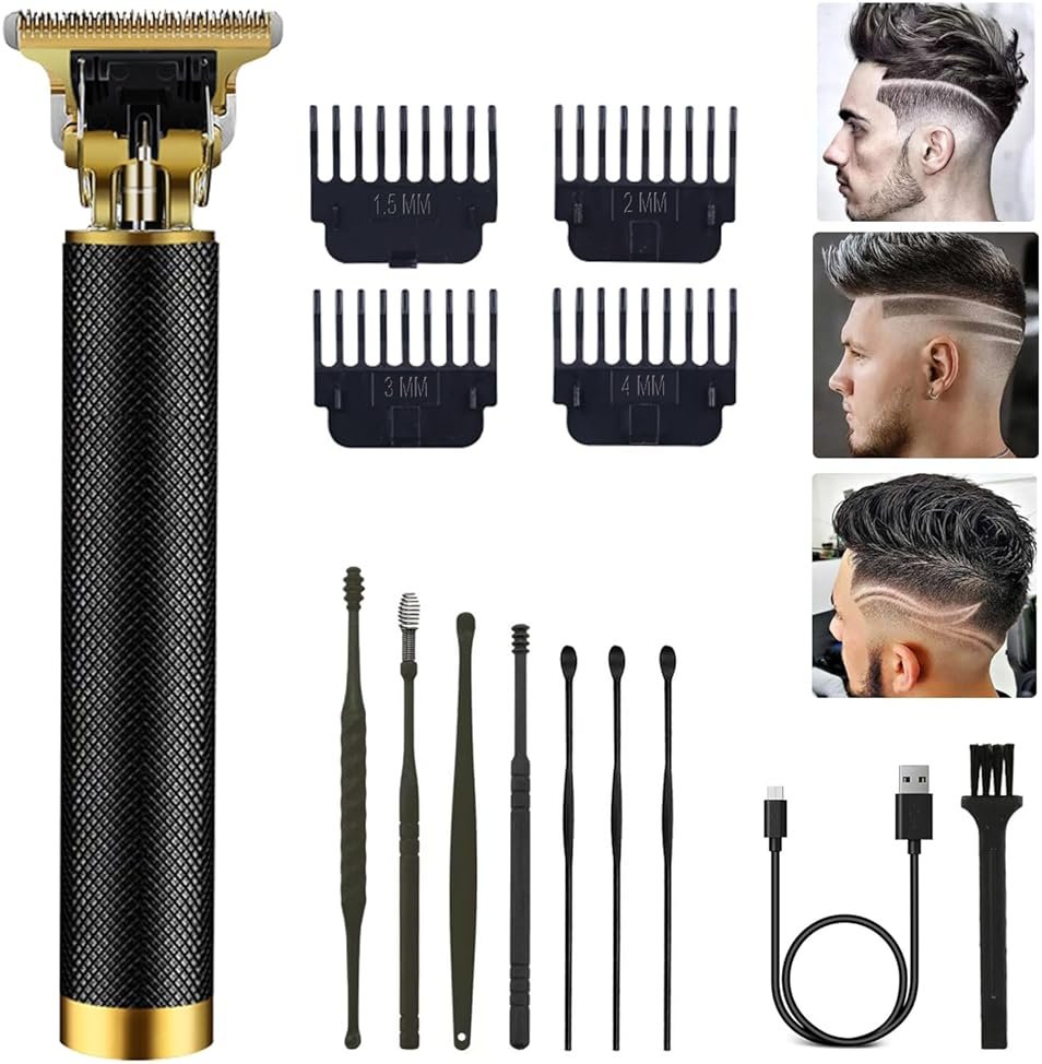 PXLISIE Professional Cordless Hair Clipper and Trimmer for Men, T Blade Zero Gapped Rechargeable Beard Shaver, Hair Cutting Kit With Ear Spoon Tool Set, Black - Product Image