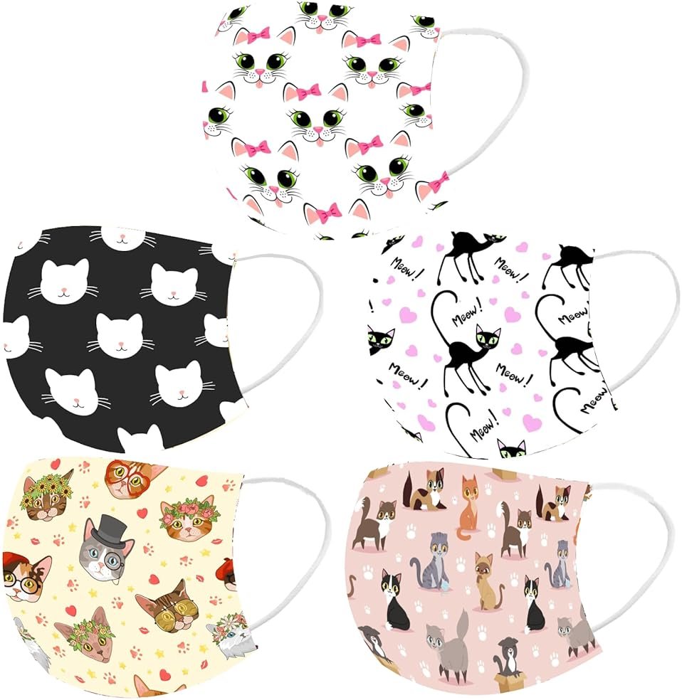 GOGCIAO 50Pcs Cute Cat Print Disposable Face Cover with Designs for Women - Product Image