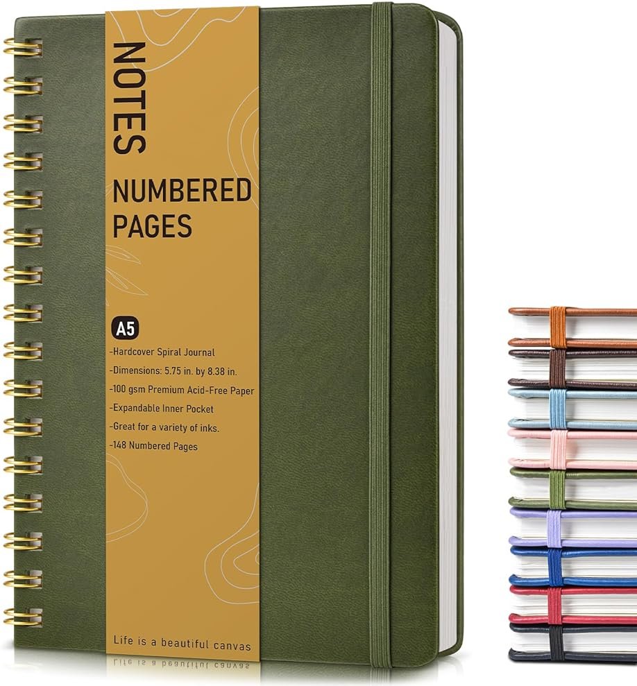 Lined Spiral Journal Notebook, A5 Hardcover Spiral Journals for Women Men, 150 Numbered Pages Spiral Bound Notebook, 100 GSM College Ruled Notebooks for Work, Note Taking 5.75" x 8.38", Olive Green - Product Image