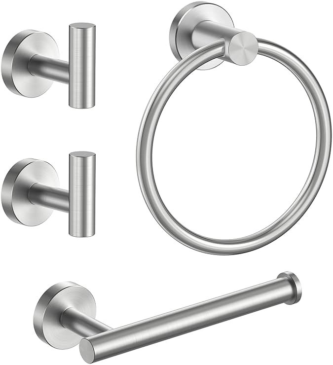 FORIOUS 4 Piece Bathroom Accessories, SUS304 Stainless Steel Toilet Paper Holder, Towel Ring and 2 Towel Hooks, Wall Mounted Bathroom Hardware Set (Brushed Nickel) - Product Image