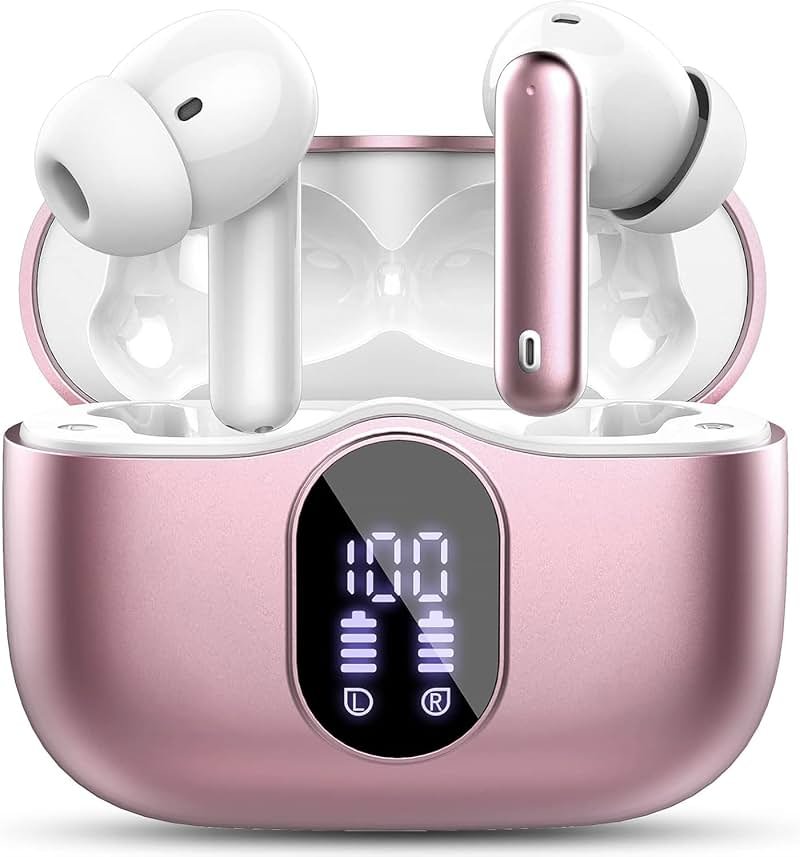 Wireless Earbuds Bluetooth 5.3 Headphones Bass Stereo Ear Buds with Noise Cancelling Mic LED Display in Ear Earphones IP7 Waterproof 36H Playtime for Laptop Pad Phones Sports Workout Pink Gold - Product Image