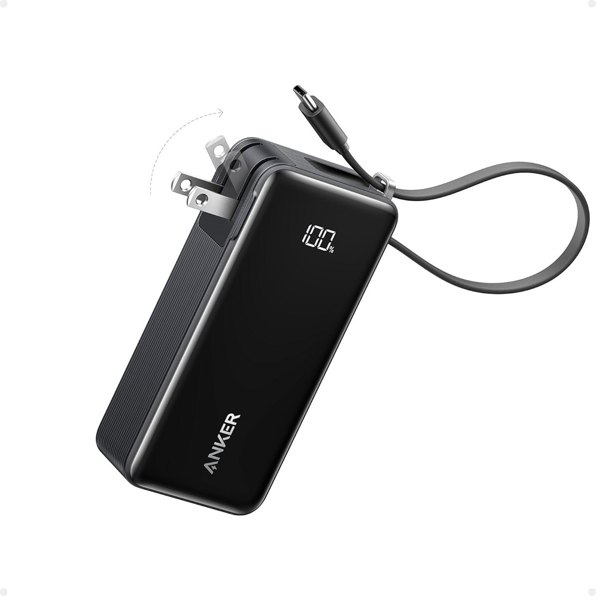 Anker Nano 3-in-1 Portable iPhone Charger, 10,000mAh Power Bank with Built-in USB-C Cable and Foldable Wall Plug, 30W Max Battery Pack, Travel Essentials for iPhone 17/16/15 Series, Galaxy, MacBook - Product Image