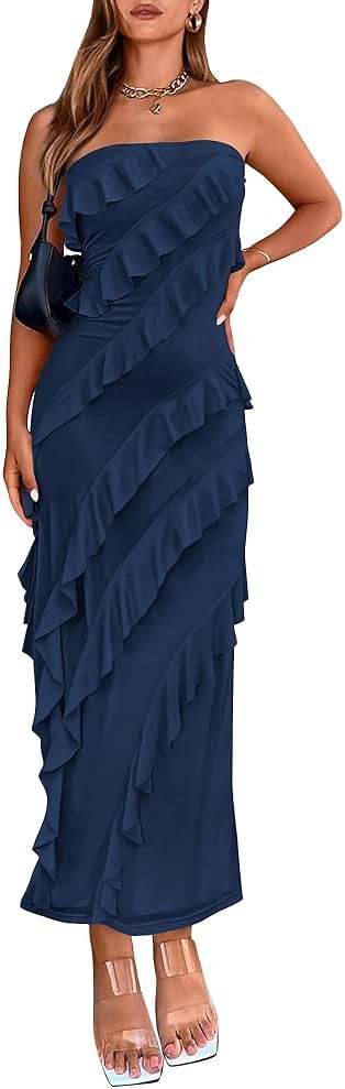 BTFBM Maxi Dresses For Women,Solid Color Bodycon Summer Wedding Guest Dress,For Party,Cocktail&Prom - Product Image