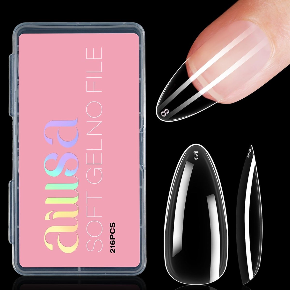 AILLSA Medium Almond Nail Tips Soft Clear Gel Nails Tips Preshaped Full Cover Nails Tip False Gelly Nail Tip for Nails Extension with Storage Box 216pcs 12 Sizes - Product Image