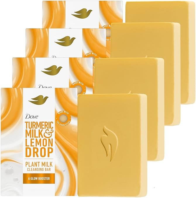 Dove Plant Milk Cleansing Bar Soap Turmeric Milk & Lemon Drop Glow Booster 4 Count for Moisturized Skin Gentle Cleanser, No Sulfate Cleansers or Parabens, 98% Biodegradable Formula 5 oz - Product Image
