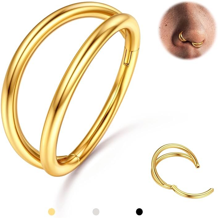 BodyBonita Triple/Double Hoop Nose Ring - 316L Stainless Steel Septum Clicker 16G/18G/20G CZ Conch Piercing Jewelry Septum Clicker Rings Cartilage Earring Helix Rook Tragus - Product Image