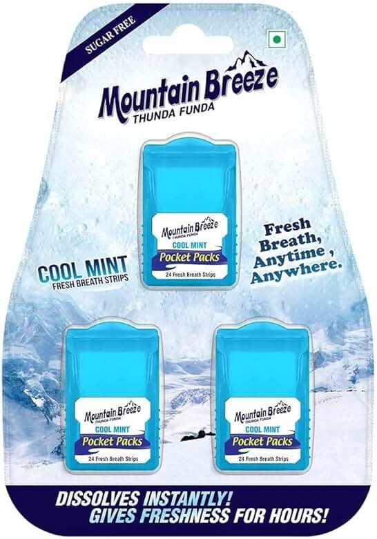 Mountain Breeze Oral Hygiene Mouth Freshener Sugar Free Cool Mint Flavoured Breath Strips (24 Strips Each Cassatte)-Pack of 1(3 Cassette) NEW - Product Image