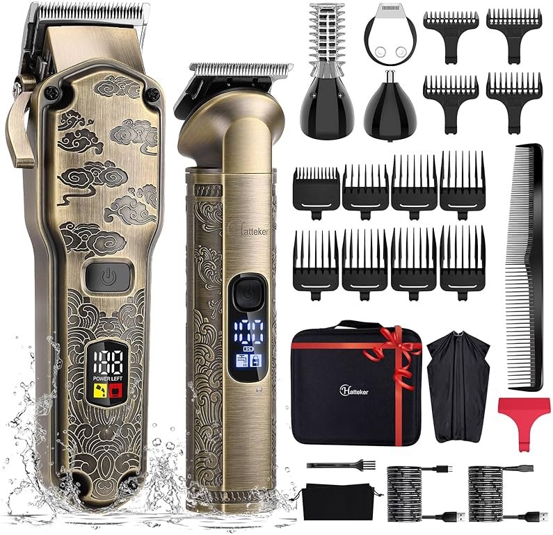 Hatteker Professional Hair Clippers for Men Beard Trimmer Clippers and Trimmer Set Waterproof T-Blade Trimmer Cordless Grooming Kit Nose Body Hair Trimmer Barber Clippers Hair Cutting Kit - Product Image