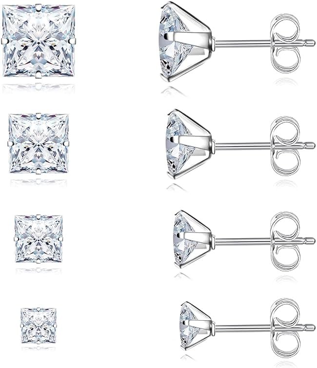 Trinckle 4 Pairs Stainless Steel Earrings, Square Stud Earrings for Men and Women, Hypoallergenic Silver Cubic Zirconia Earing Set Gold Studs Earings Lab-Diamond Princess Cut Jewelry Aretes De Hombre - Product Image
