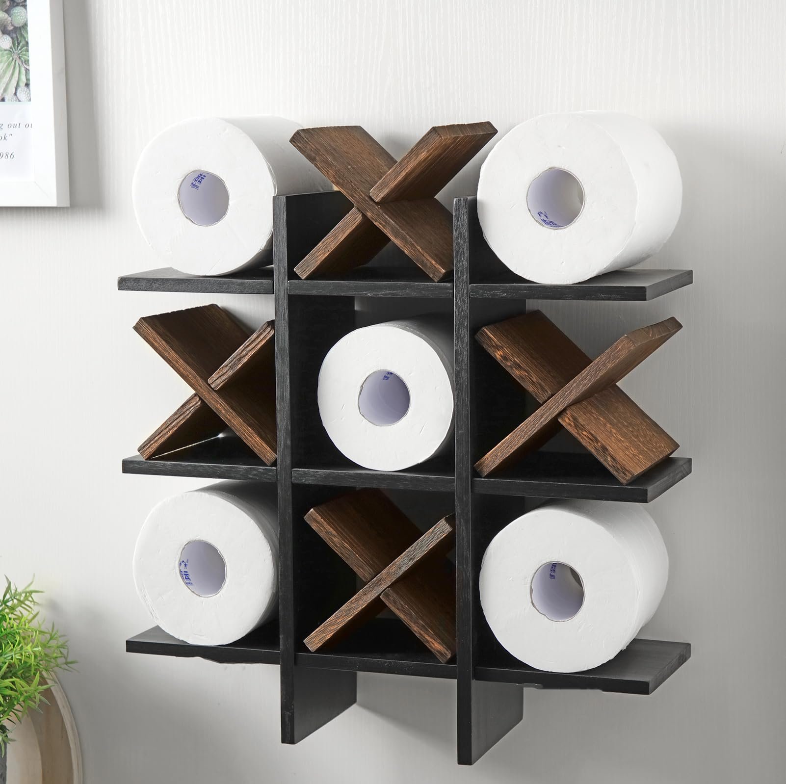 Weysat Tic Tac Toe Toilet Paper Holder Stand Bathroom Wall Decor Rustic Wooden Hanging Storage Freestanding Wall Mounted Shelves Decor for Toilet Tissue Farmhouse - Product Image