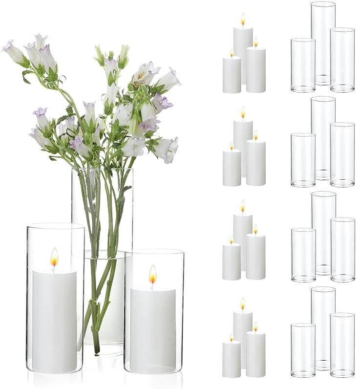UDU 24 PCS White Pillar Candles with Glass Cylinder Vases Hurricane Glass Candle Holders for Pillar Candles Cylinder Vases for Centerpieces Wedding Table Party Home Decor - Product Image