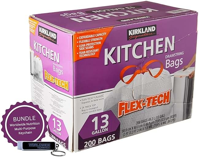 Worldwide Nutrition Bundle Compatible with Kirkland Signature Flex-Tech 13 Gallon Kitchen Garbage Bags with Drawstring Closure - 200 Count Pack of Tall Trash Bags for Kitchen with Keychain - Product Image