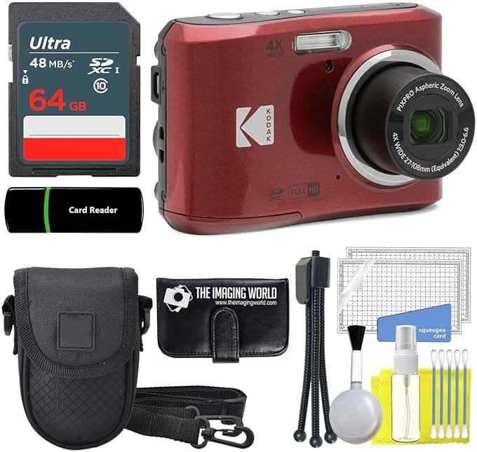 Kodak PIXPRO FZ45 16MP Digital Camera 4X Optical Zoom 27mm Wide Angle 1080P Full HD Video 2.7" LCD Camera (Red) + 64GB Card and Reader + Case + Memory Wallet + Tripod + Cleaning Bundle - Product Image