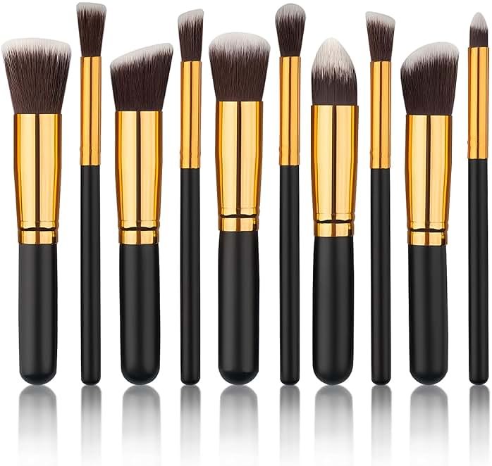 10pcs Premium Synthetic Mini Makeup Brush Set: Eyeshadow, Powder, Eyebrow, Eyeliner, Blush, Foundation & Concealer - Black & Golden - Product Image