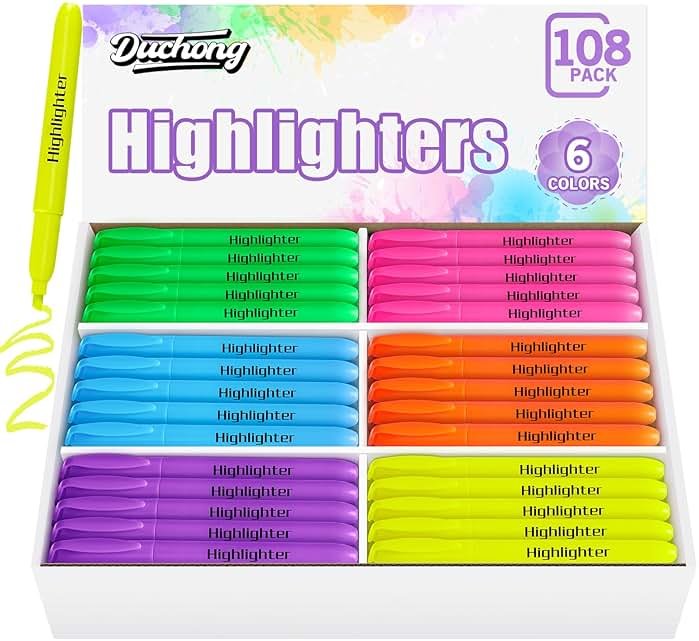 Duchong 108 Highlighters Bulk, Highlighters Assorted Colors, Chisel Tip Dry-Quickly No Bleed Highlighter, Office Classroom Must Have, Back to School Supplies for Teachers(Multicolor) - Product Image