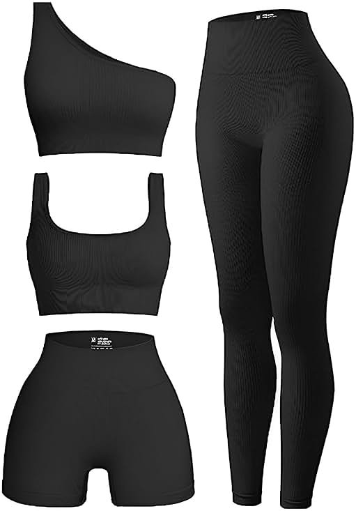 OIERD 4 Piece Workout Sets For Women Ribbed Leggings Clothes Yoga Sets Active Wear Matching Work Out Sets Gym Pilates Outfits - Product Image