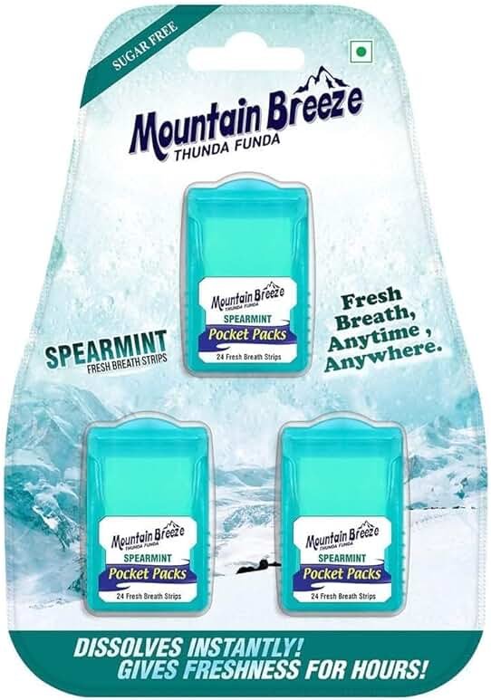 Mountain Breeze Oral Hygiene Mouth Freshener Sugar Free Spear Mint Flavoured Breath Strips (24 Strips Each Cassatte)-Pack of 1(3 Cassette) NEW - Product Image