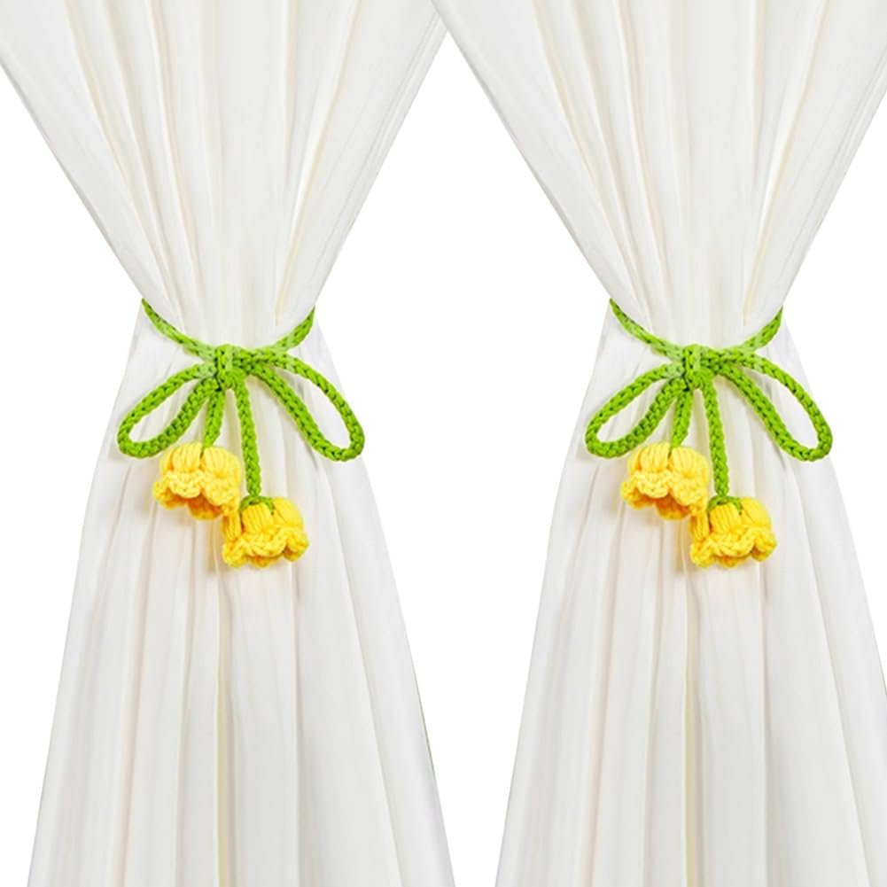 WAYUTO Crochet Curtain Tiebacks Yellow Flower 2 Pack Vintage Floral Tie Backs for Curtains Drapes Window Fancy Cute Creative Curtain Buckle Strap for Home Office Bedroom Decorative - Product Image