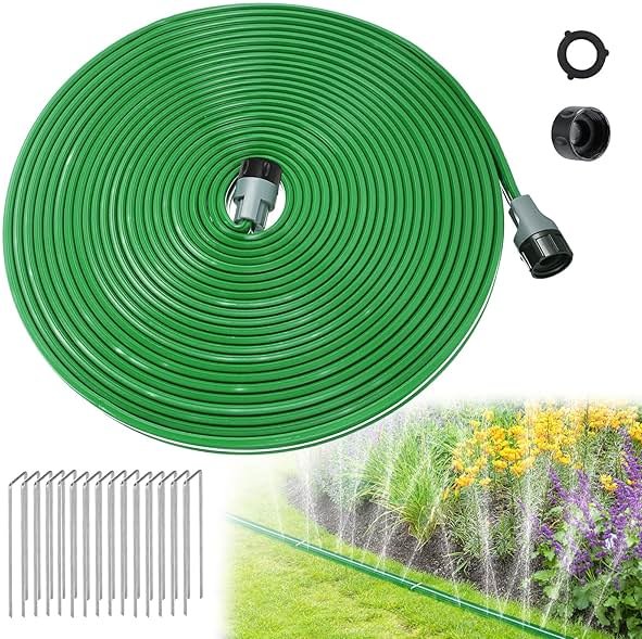 50ft Sprinkler Soaker Hose - Kink-free, Save Water, Flexible - Heavy Duty Three Tube Flat Watering Hose for Garden Yard Lawn Irrigation, With 15 Stakes - Product Image