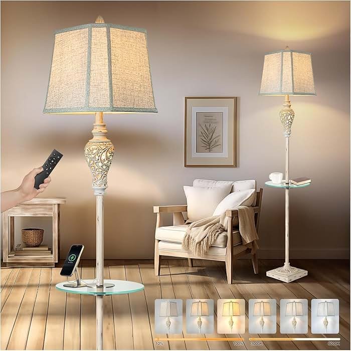 LuxSight Collection Rustic Floor Lamp, Living Room Lamps with Glass Tray, stepless diming Floor Lamp with Remote Control and USB A&C Charging Ports for Living Room Bedroom Office Smart Bulbs Included - Product Image