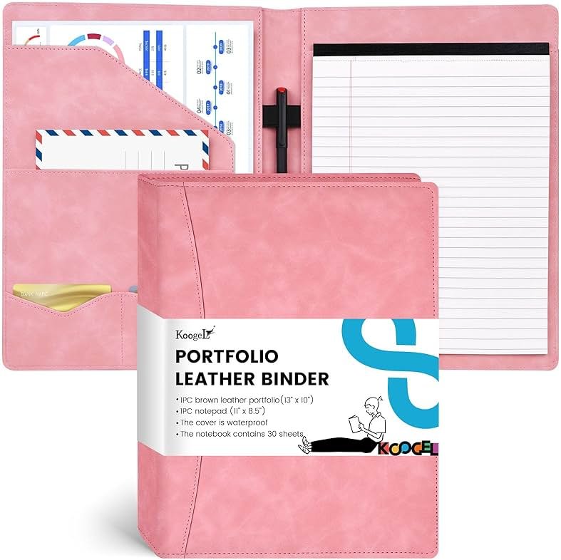 Koogel Padfolio Portfolio Folder, Leather Clipboard Portfolio Binder 13x10 inch Legal Writing Pad for Document Organizer Business Notepad Clip Boards for Women Office School Conference Meeting, Pink - Product Image