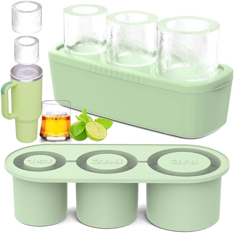 Ice Cube Tray for 30Oz-40Oz Tumbler Cup, 3 Pcs Silicone Ice Cube Tray with Lid and Bin for Freezer, Easy Fill and Release Cylinder Ice Mold for Whiskey, Cocktail BPA-Free (Green, 40Oz-Type1) - Product Image