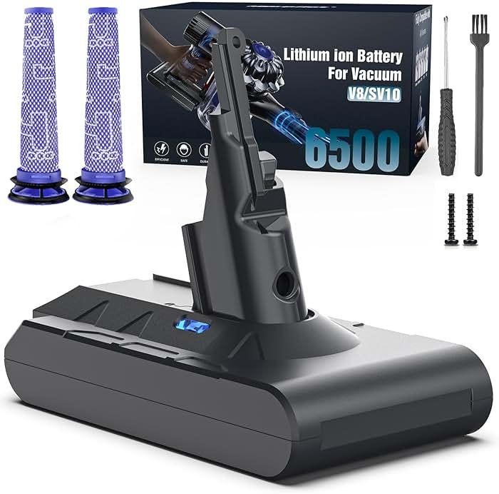 8000mAh Rechargeable Replacement Battery for Dyson V8 Series Vacuum Cleaners, Providing 60 Minutes of Runtime in Standard Mode, Installs in Just 3 Minutes, Includes 2 Pre Filter and 1 Post Filter - Product Image