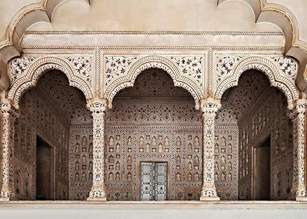 CORFOTO 7x5ft Fabric Agra Red Fort Backdrop Asia India Islamic Carved Architecture Arche Doors Background Asian Indian Theme Travel Party Decorations Photo Booth Studios Prop Wallpaper - Product Image