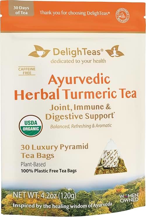 DelighTeas Ayurvedic Herbal Turmeric Tea Bags for Mobility Support | Eco-friendly Compostable Pyramid | Organic Turmeric, Ginger, Lemongrass & Licorice | Caffeine-Free, Kosher | 30 Tea Bags 4g Each - Product Image